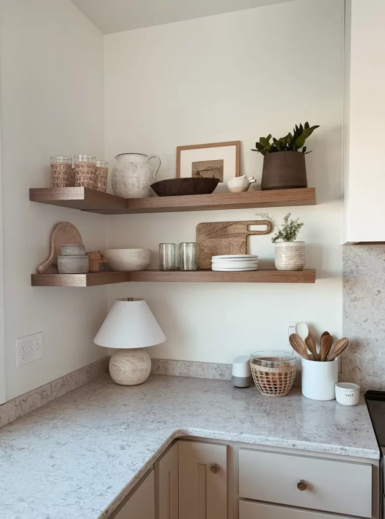 neutral kitchen shelf decor ideas